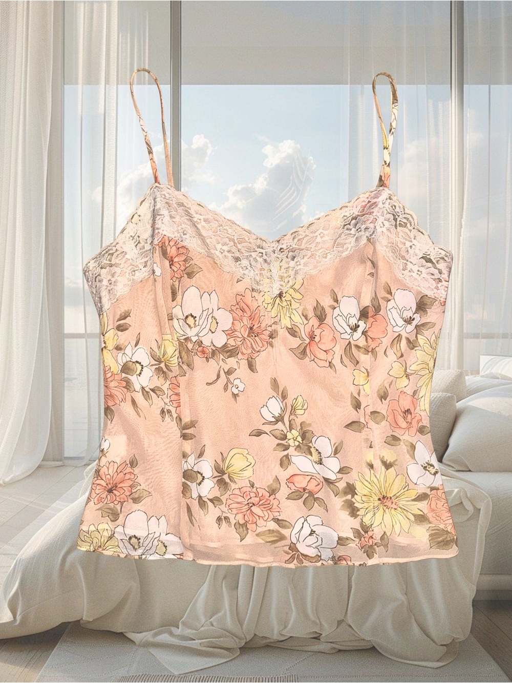 Vintage Y2K Summer Cottage Vacation Party Floral Lace Peach Pink Cami Tank Top
